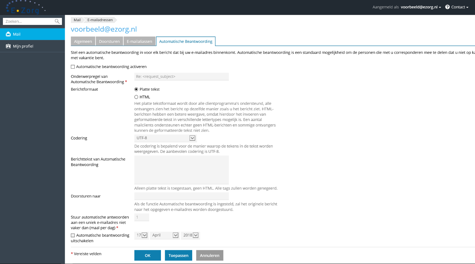 Afwezigheidsmelding instellen voor uw mailadres (automatische